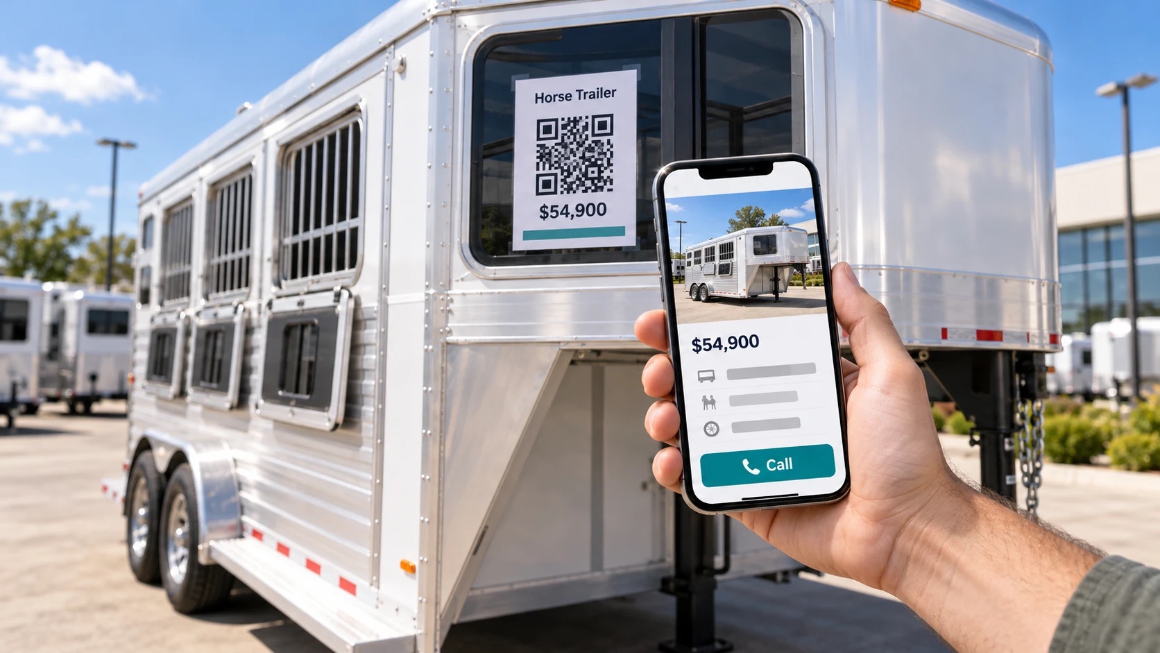 Horse trailer with QR sheet on window and phone scan