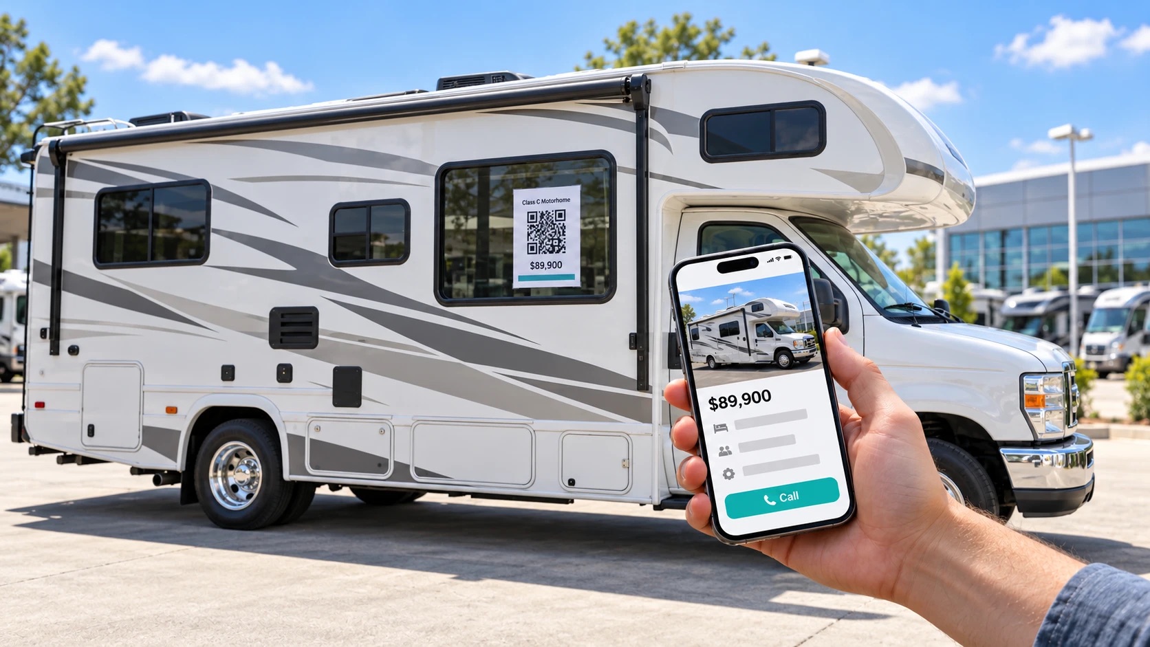RV with QR sheet on window and phone scan