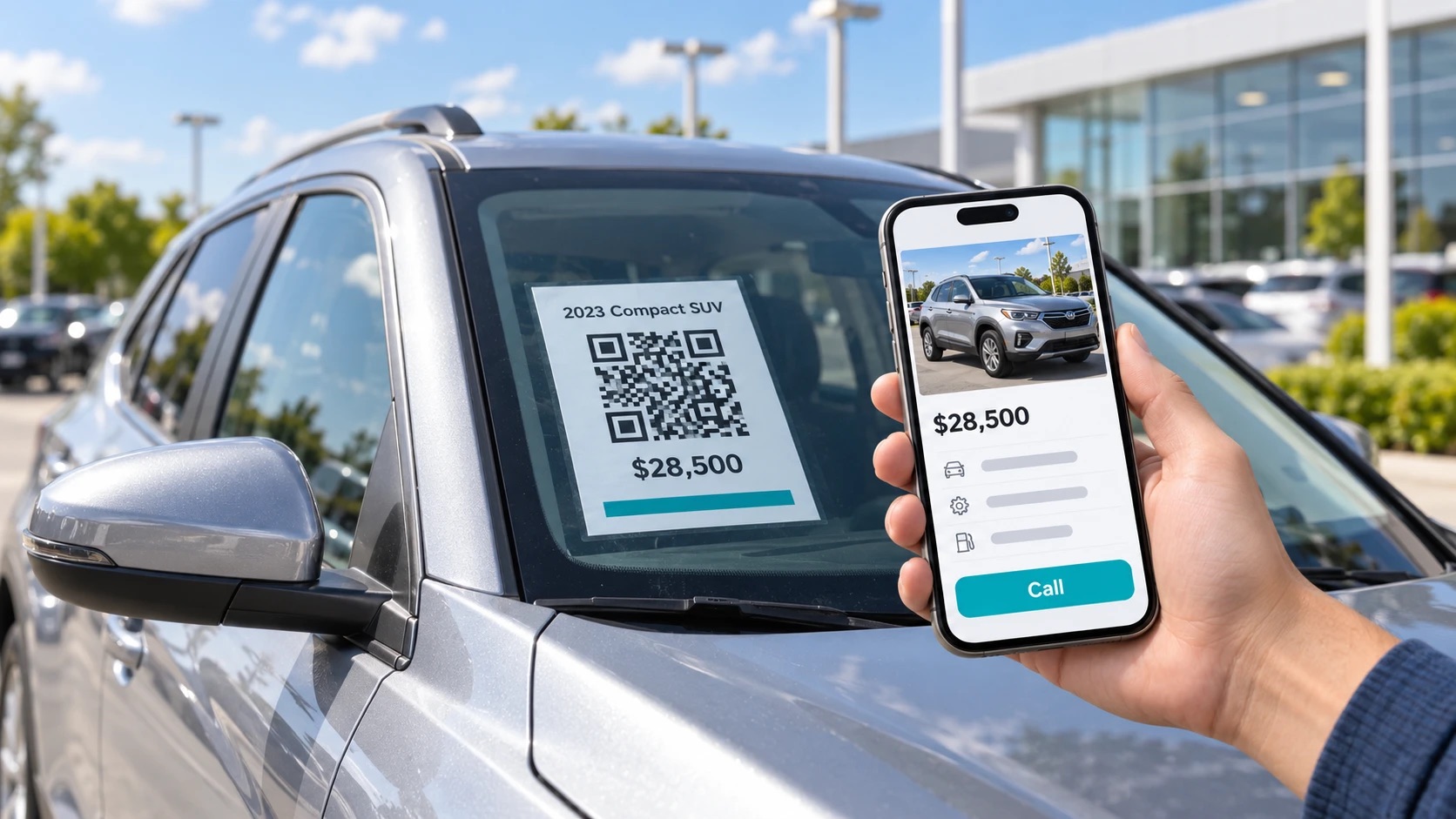 Vehicle with QR sheet on windshield and phone scan