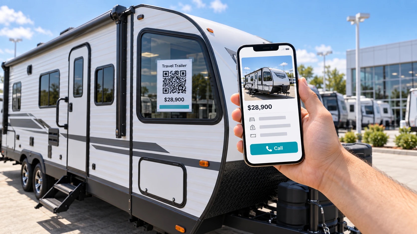Travel trailer with QR sheet on window and phone scan